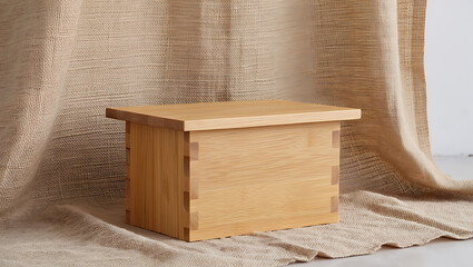 Minimalist natural wood cube side table or stool with textured fabric backdrop