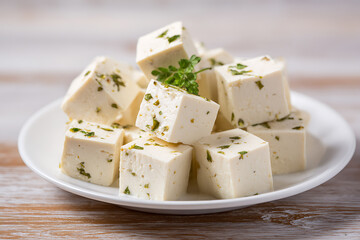 A delightful stack of cubed tofu with fresh herbs on a white plate, showcasing culinary simplicity.
