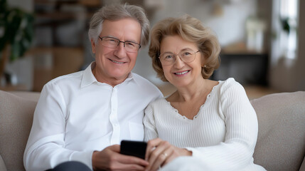 Elderly couple on couch reviewing daily health metrics