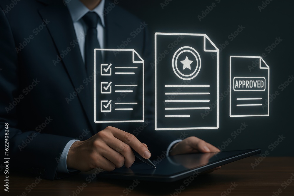 Aufkleber businessman approving digital documents with checklist and certification using futuristic paperless 
