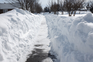 A snow-covered path cleared through deep snowdrifts, leading through a winter landscape with bare trees and buildings.