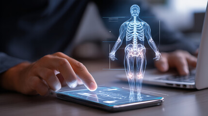 Digital Examination: Futuristic healthcare with a person using technology to assess the digital human skeleton model, signifying an innovative approach to medical assessment.