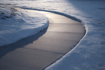 Winter Path: A Snowy Sidewalk Curves Through a Cold, Serene Landscape on a Sunny Day.