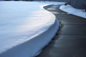 A snow-covered landscape with a winding path, showcasing the beauty of winter and the contrast between snow and pavement.