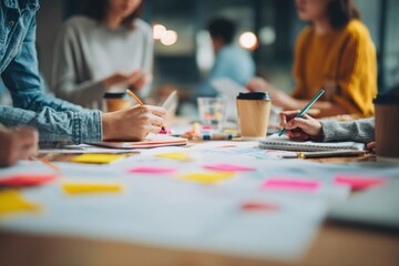 Fototapeta premium A snapshot of a modern work process: marketing brainstorming with a team in an open office