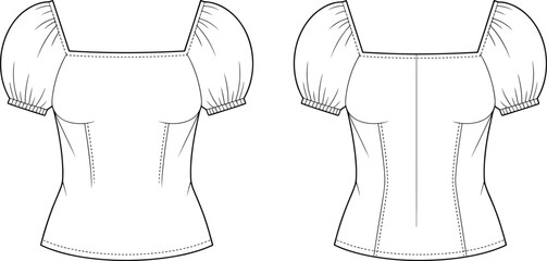 Puff sleeve women's blouse flat sketch, front and back fashion CAD drawing, vector clothing template, technical apparel design illustration