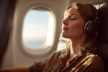 Serene woman enjoying music on a plane with closed eyes, creating a peaceful and relaxing travel experience.