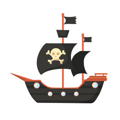 Pirate ship. Flat vector clipart, illustration with isolated background.