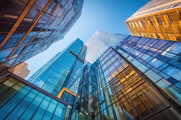 Naklejka premium Low-angle view of modern skyscrapers, glass facades reflecting sunlight and blue sky