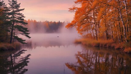 Misty autumn morning over calm lake reflecting vibrant orange foliage and tranquil forest scene - Powered by Adobe