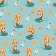 Mermaid seamless pattern. Flat vector clipart, illustration with isolated background.