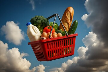 Grocery basket floating upward against blue sky symbolizing rising food prices
