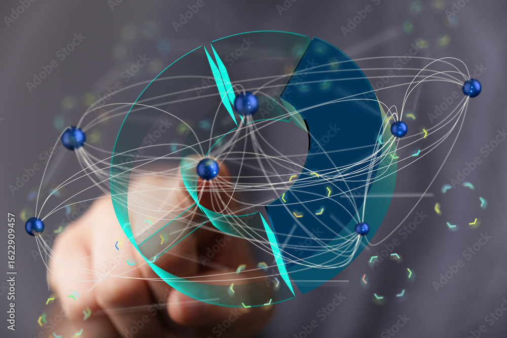 Poster abstract image of interconnected nodes, representing global network, data flow, and digital connecti