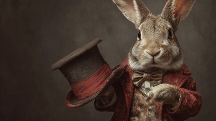 Anthropomorphic rabbit dressed in a suit with a top hat. A dapper rabbit character from a fairytale, wearing a vintage jacket and bowtie, against a dark, classic background