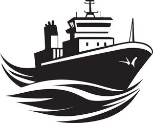 Obraz premium Gliding tall sailing ship silhouette crossing open sea at dusk, with furled sails and seagulls