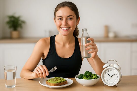 Young healthy woman practicing pilates and running with vegan lifestyle
