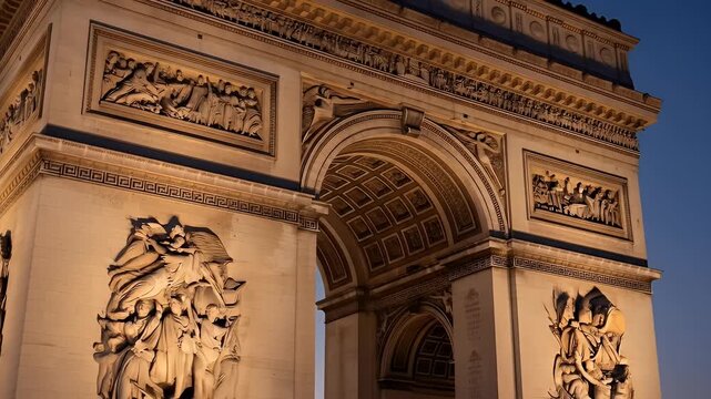 Close-up of the Arc de Triomphe in Paris, showcasing its intricate carvings and architectural details under a blue evening sky.