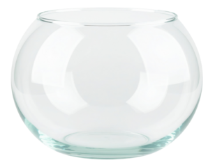 A round glass bowl, characterized by its smooth surface and transparent design, suitable for various decorative and functional uses.