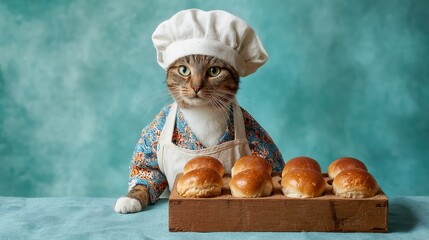curious cat wearing a chef hat and apron stands proudly next to a tray of fresh, golden-brown dinner rolls