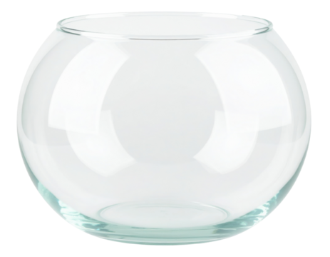 A round glass bowl, characterized by its smooth surface and transparent design, suitable for various decorative and functional uses.