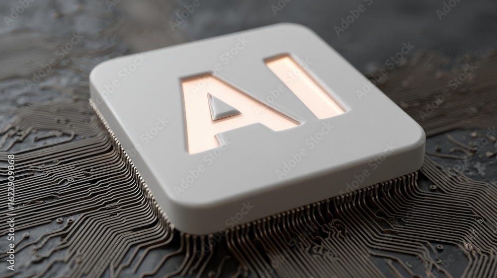 Poster ai innovation: a close-up, macro shot captures the modern concept of ai technology, illuminated on a