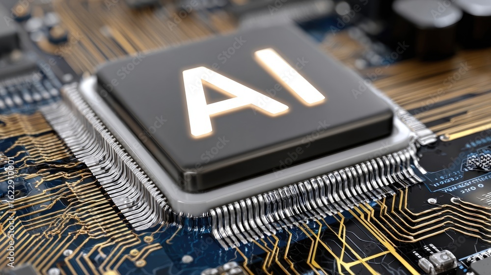 Poster ai chip: a close-up perspective of a modern processor, with an ai chip prominently displayed on the 