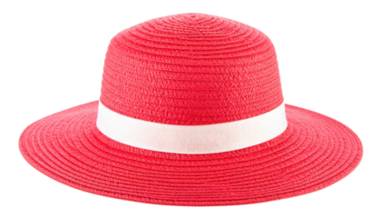 A vibrant red hat with a wide brim, featuring a white band, ideal for sun protection during outdoor activities.