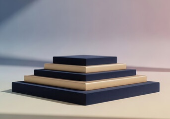 Tiered geometric display pyramid with navy blue and gold steps, set against a soft blue and pink background