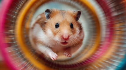 Happy golden hamster running in a wheel. Adorable pet in motion, with a blurred colorful background creating a sense of speed