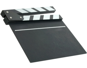 A classic film clapperboard featuring black and white stripes, used to signal the start of a scene in movie production.