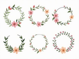 Set of six beautiful floral wreaths hand-painted in a watercolor style. Collection of decorative circle frames with flowers and leaves isolated on a white background for invitations or design
