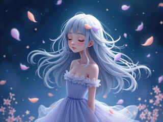 Serene close up portrait of a beautiful anime girl with silver hair and gentle eyes. Fantasy character illustration with a dreamy, sparkling blue and purple background representing magic and peace