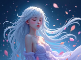 Ethereal portrait of a beautiful fantasy woman with long flowing white hair against a starry night sky. Anime style art of a goddess or spirit with a serene expression and glowing elements