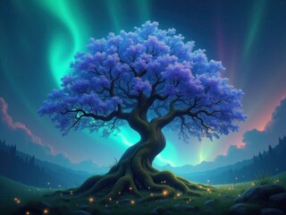 Beautiful Bodhi tree illustration with glowing blue and purple leaves against an enchanted night sky with aurora. Concept art for a sacred, spiritual, and magical tree in a fantasy world
