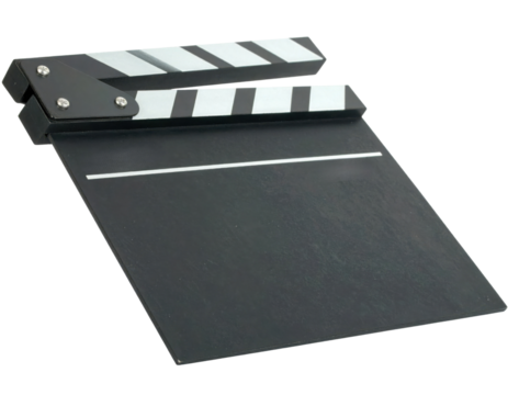 A classic film clapperboard featuring black and white stripes, used to signal the start of a scene in movie production.