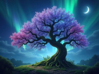 Magical glowing tree with vibrant purple foliage under a starry night sky with a green aurora borealis. Mystical fantasy landscape illustration representing life, magic, and cosmic energy