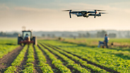 A modern drone flying over an agricultural field. An unmanned aerial vehicle surveying crops on a farm with a tractor in the blurred background.