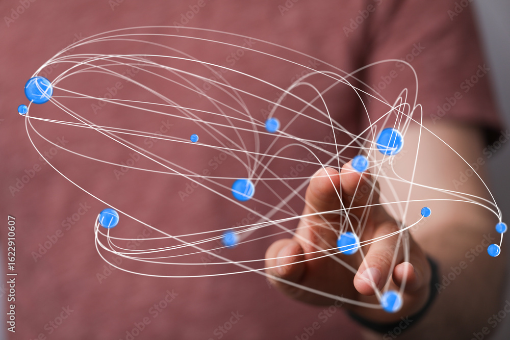 Poster abstract image of a hand interacting with a digital network. ideal for technology, connection, and g