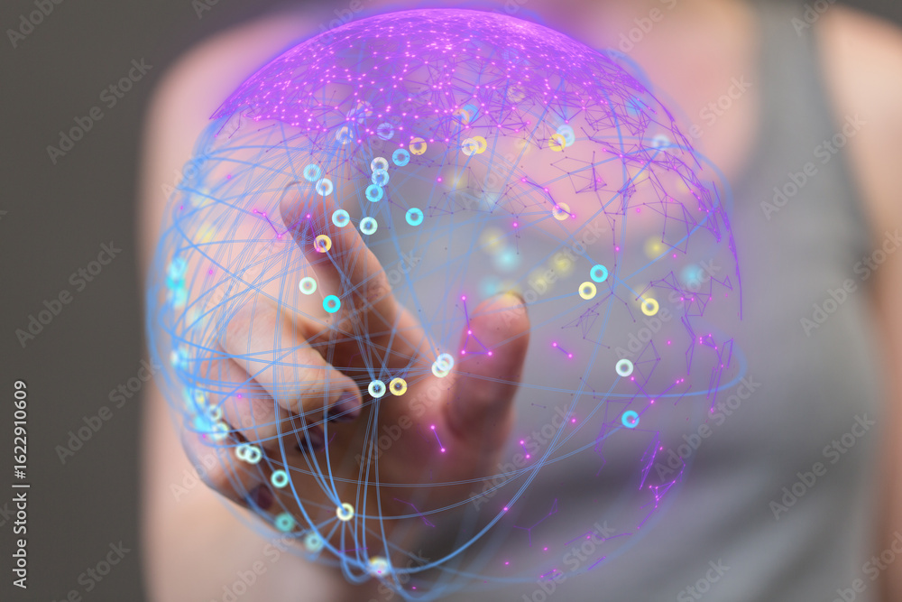Aufkleber a hand interacts with a vibrant digital globe, representing global networking and connectivity.