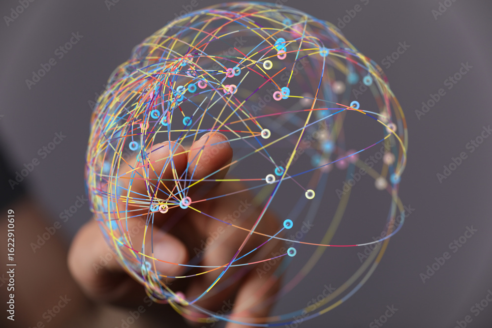 Poster abstract image of a hand interacting with a colorful global network. represents connection, technolo