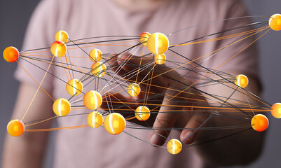 Abstract image of interconnected nodes, symbolizing global network, communication, and data flow.
