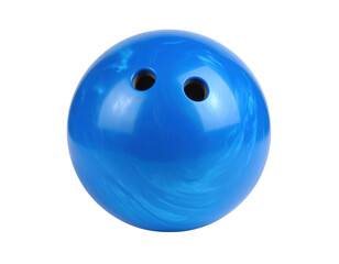 A shiny blue bowling ball featuring two finger holes, showcasing a marbled texture with a vibrant finish.