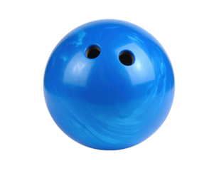 A shiny blue bowling ball featuring two finger holes, showcasing a marbled texture with a vibrant finish.