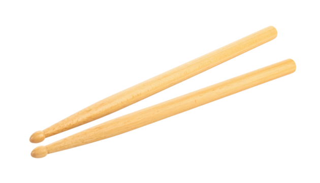 A pair of wooden drumsticks with rounded tips, designed for playing percussion instruments.