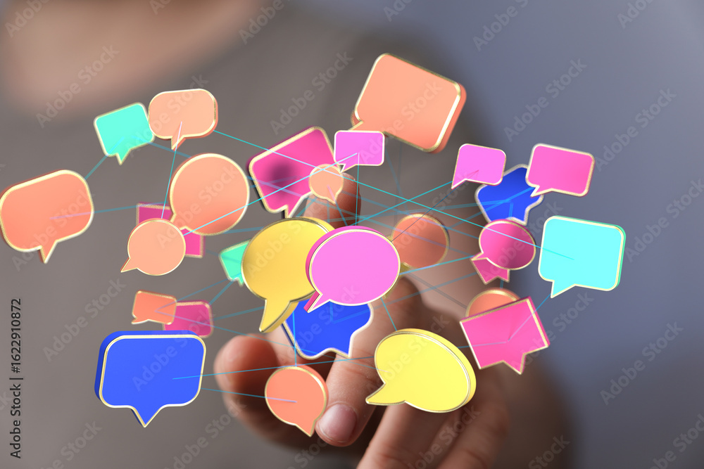 Poster abstract image of interconnected speech bubbles, symbolizing communication, social media, and networ
