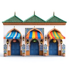 3d cartoon moroccan market building with arched entrances, patterned tiles, lanterns, and colorful fabric canopies.