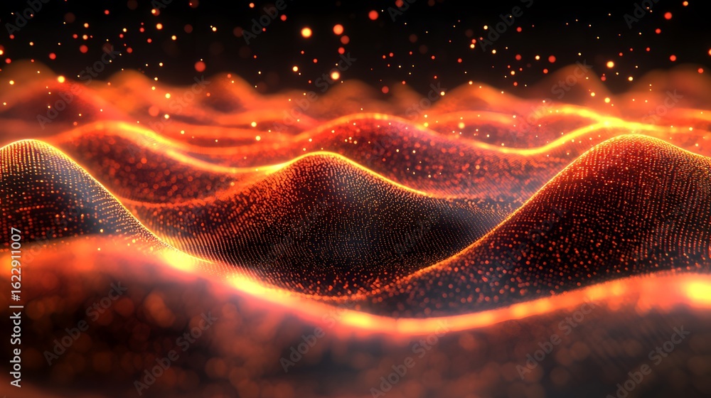 Poster abstract representation of undulating fiery terrain.