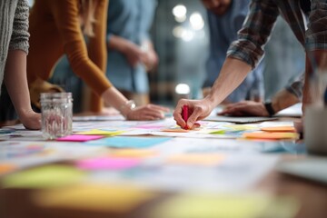 The work process of a marketing team brainstorming with paperwork and digital assets. open space office a comfortable and creative feeling.