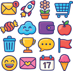 "Creative Hand-Drawn Icon Set Featuring Smiley, Heart, Star, Rainbow, Light Bulb, Camera, Airplane, Music Note, Best Offer, and More for Digital Design, Marketing, Communication, and Social Media – Co