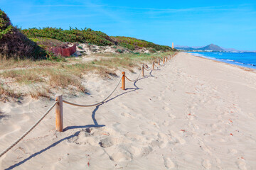  Platja de Muro sandy beach in Mallorca, Spain. Wooden posts hold a rope barrier, delineating the...